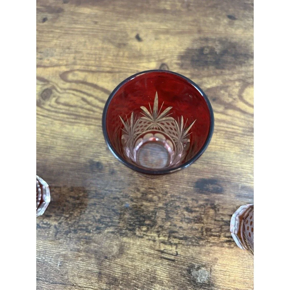 Lot Of 3 Vintage Ruby Cut To Clear Cordial Glasses Candle Holder Decor Displays